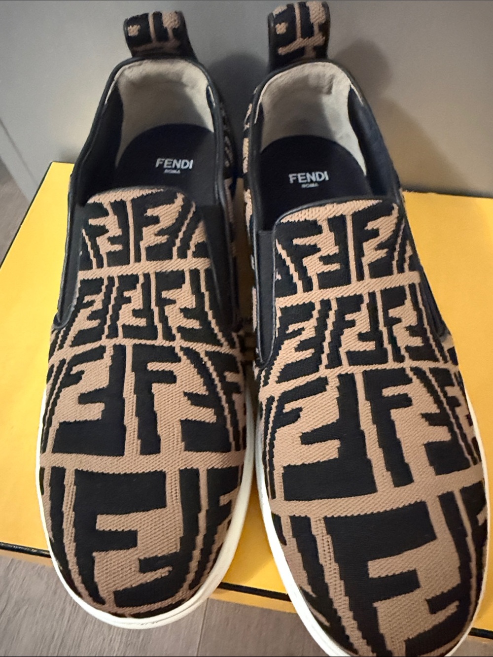 Fendi Black & Brown FF Logo Slip-On Loafers